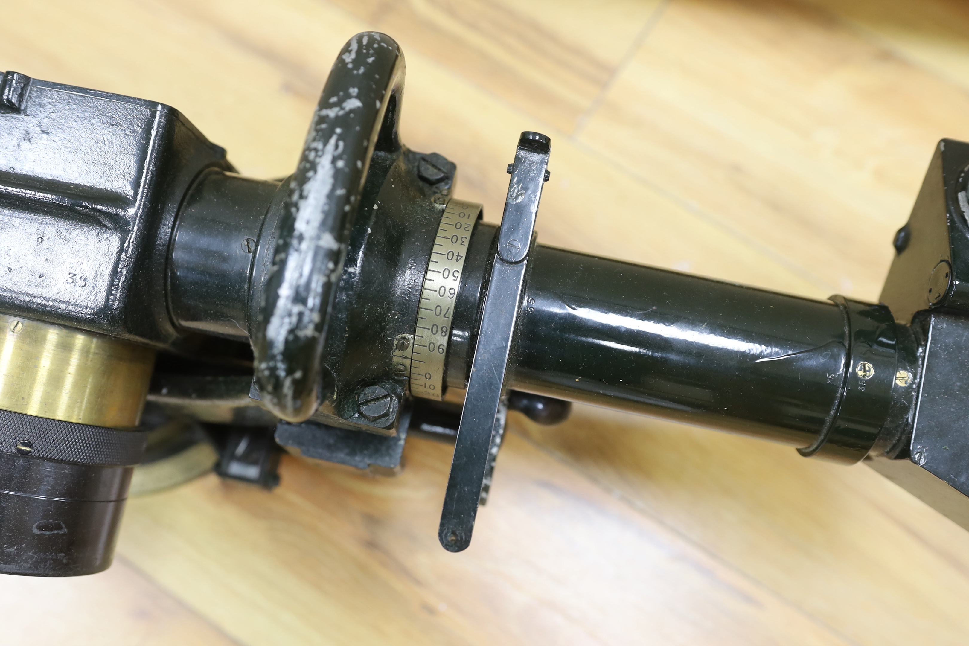 A WWII Telescope Identification A.A. Mk. III binocular sight (Rangefinder) in it’s original green-painted wooden transit case, case 88 x 30 x 35 cm